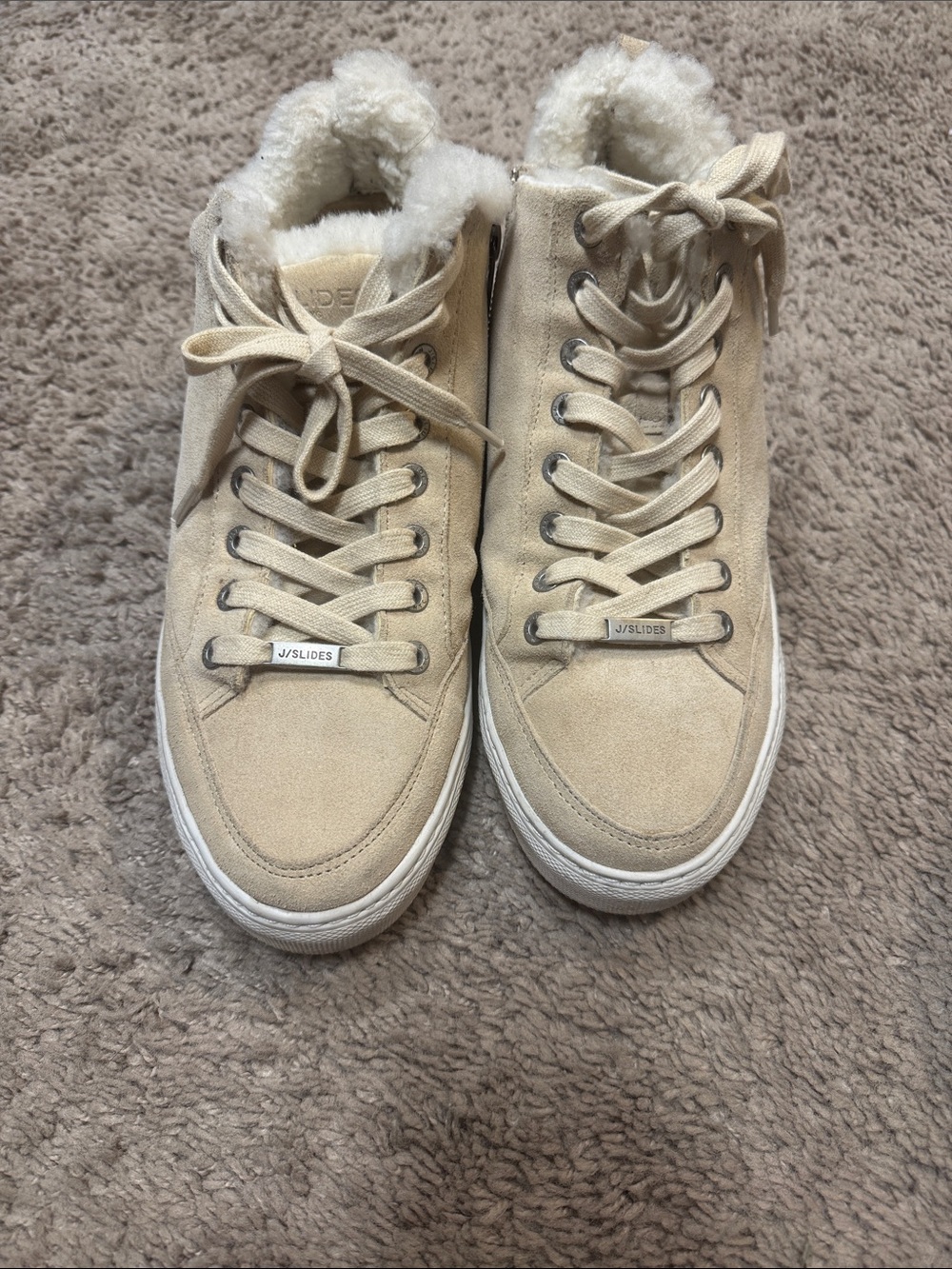 J/SLIDES Cream Suede High-Top Sneakers with Shearling Collar